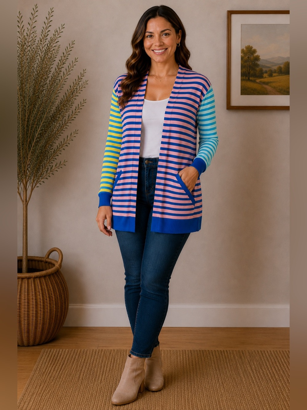 Lands' End Pink and Blue Striped Open Cardigan Small